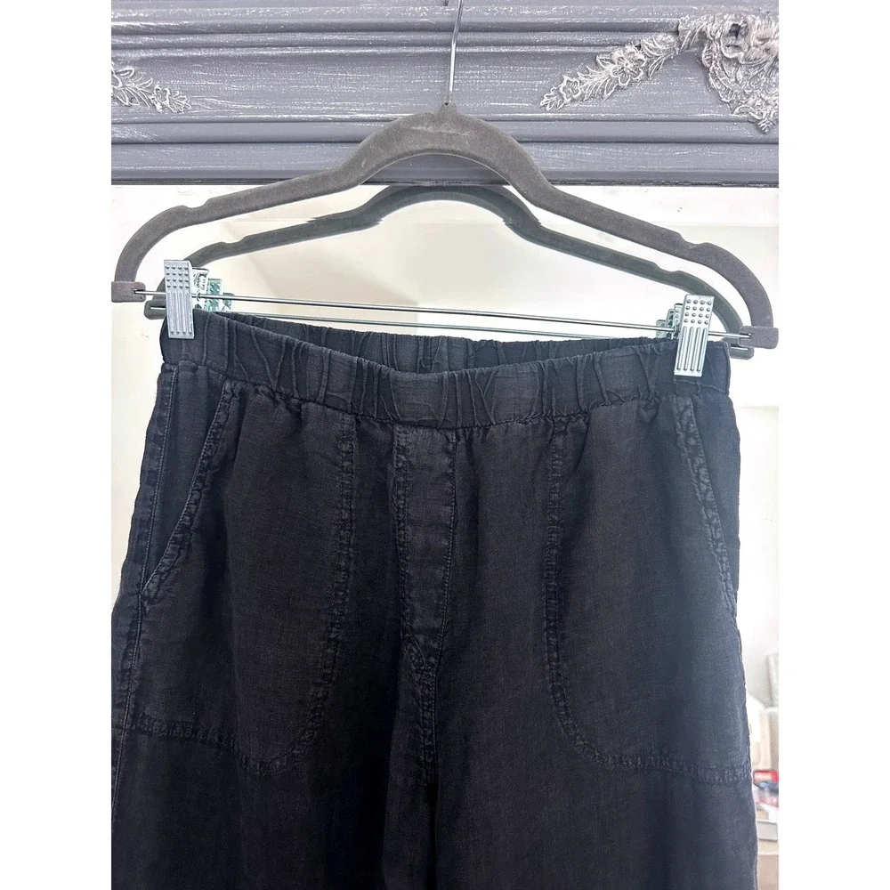 Cut Loose Black Solid Linen Easy Cropped Pants Wide Leg Side Pockets Lagenlook S